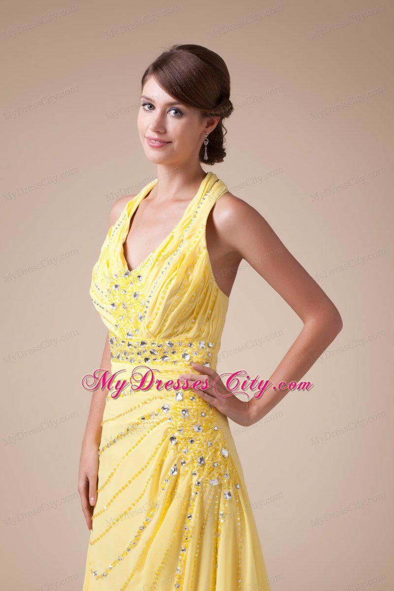 Halter Top Long Empire Beading Latest Yellow Prom Gowns