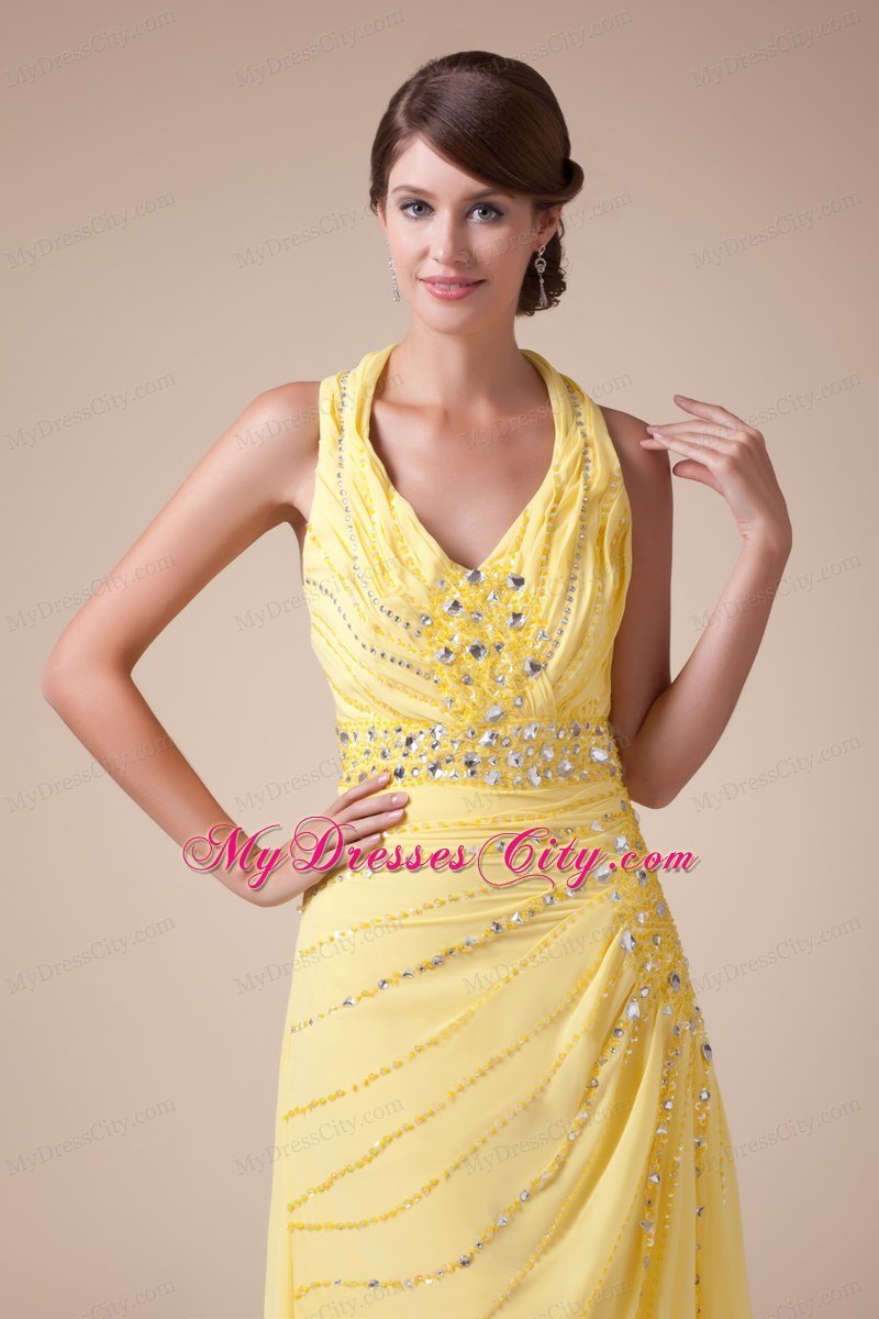 Halter Top Long Empire Beading Latest Yellow Prom Gowns