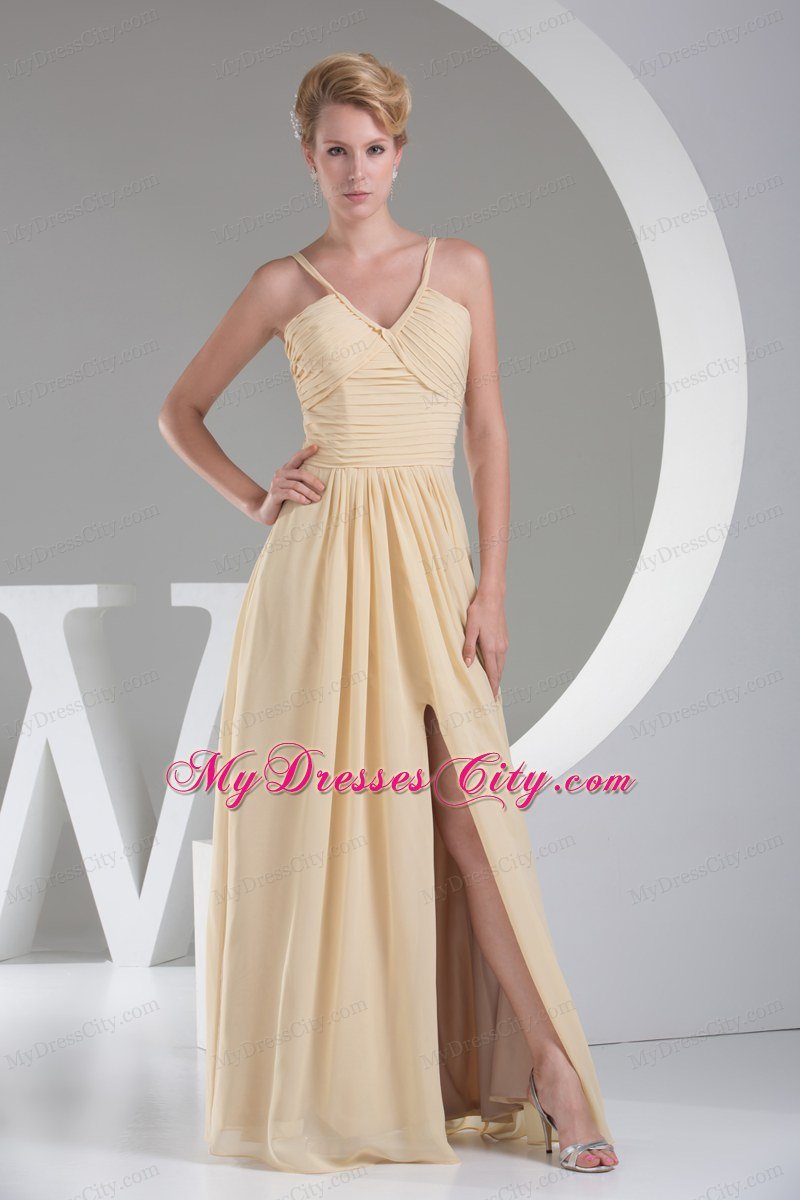 2013 Trendy High Slit V-neck Long Empire Yellow Prom Dress