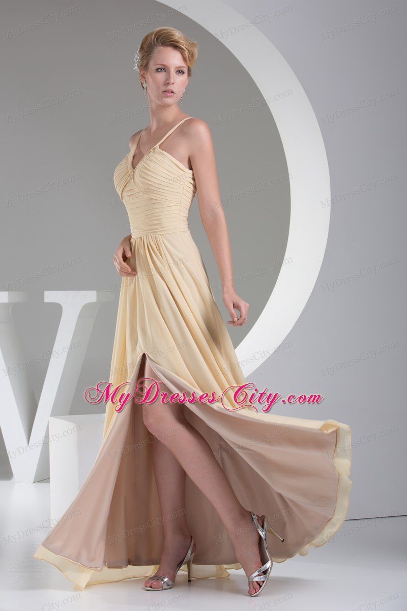 2013 Trendy High Slit V-neck Long Empire Yellow Prom Dress