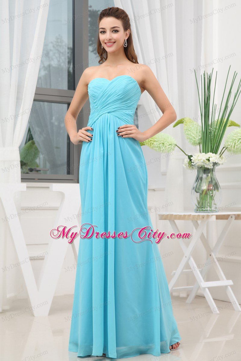 Sweetheart Ruching Long Empire Aqua Blue Prom Gowns Dress for Girls