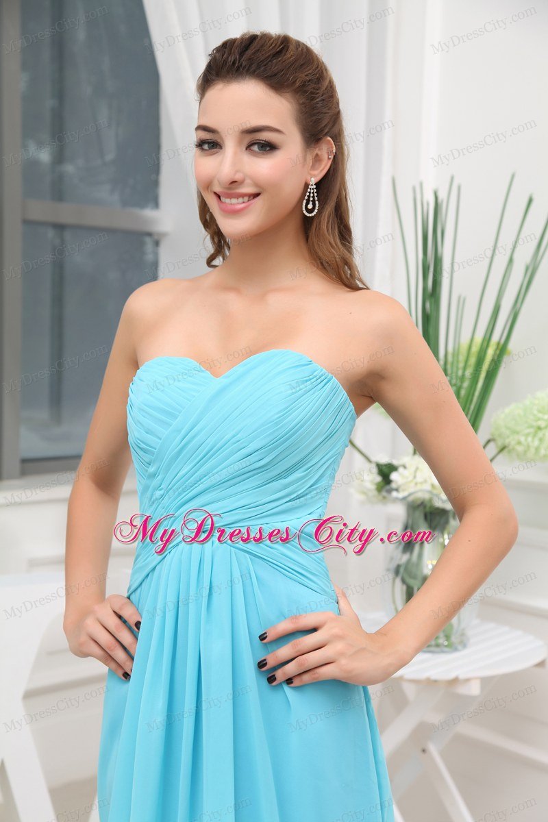 Sweetheart Ruching Long Empire Aqua Blue Prom Gowns Dress for Girls