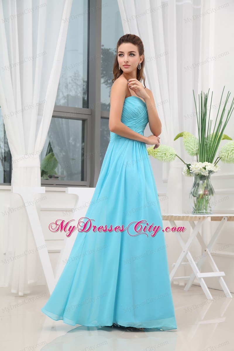 Sweetheart Ruching Long Empire Aqua Blue Prom Gowns Dress for Girls