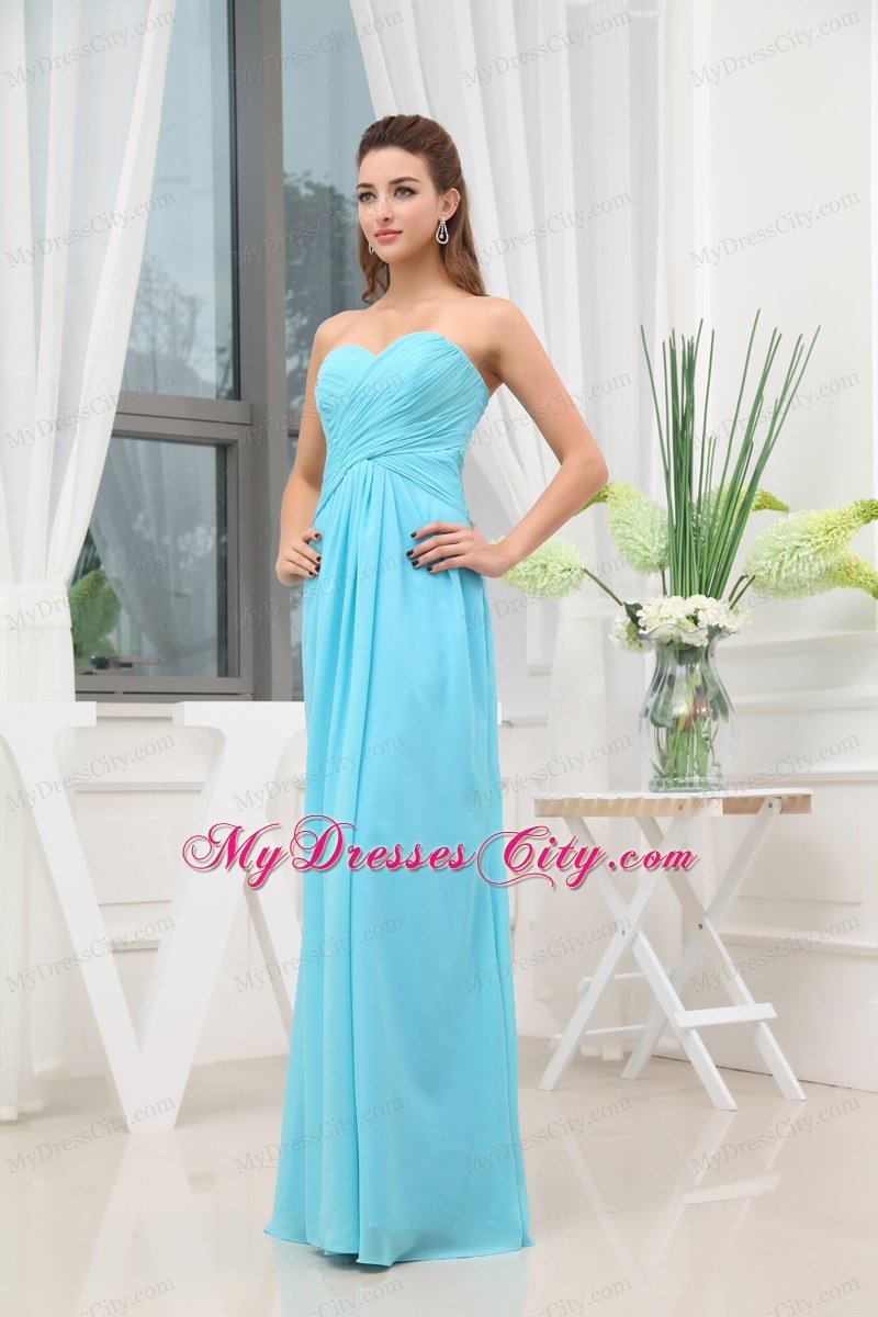 Sweetheart Ruching Long Empire Aqua Blue Prom Gowns Dress for Girls