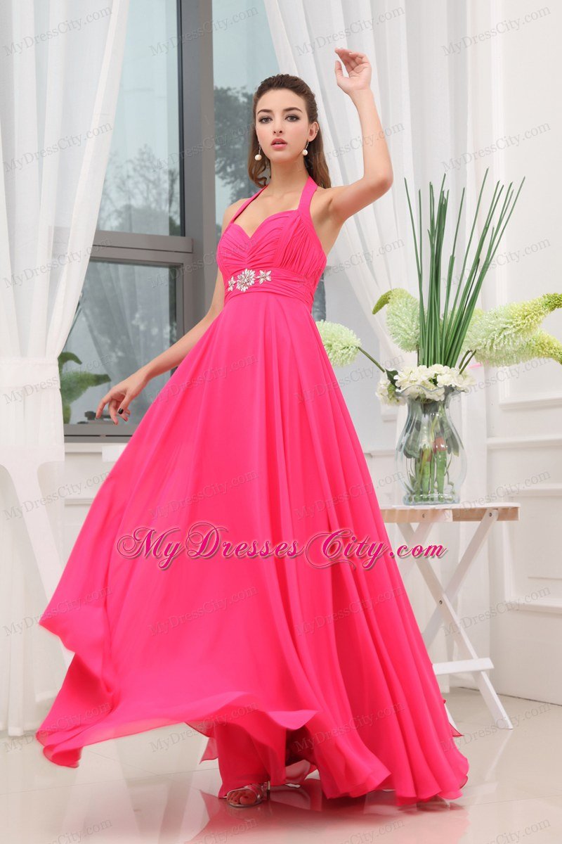 Chiffon Halter Beading Ruching Hot Pink Long Prom Gowns 2013