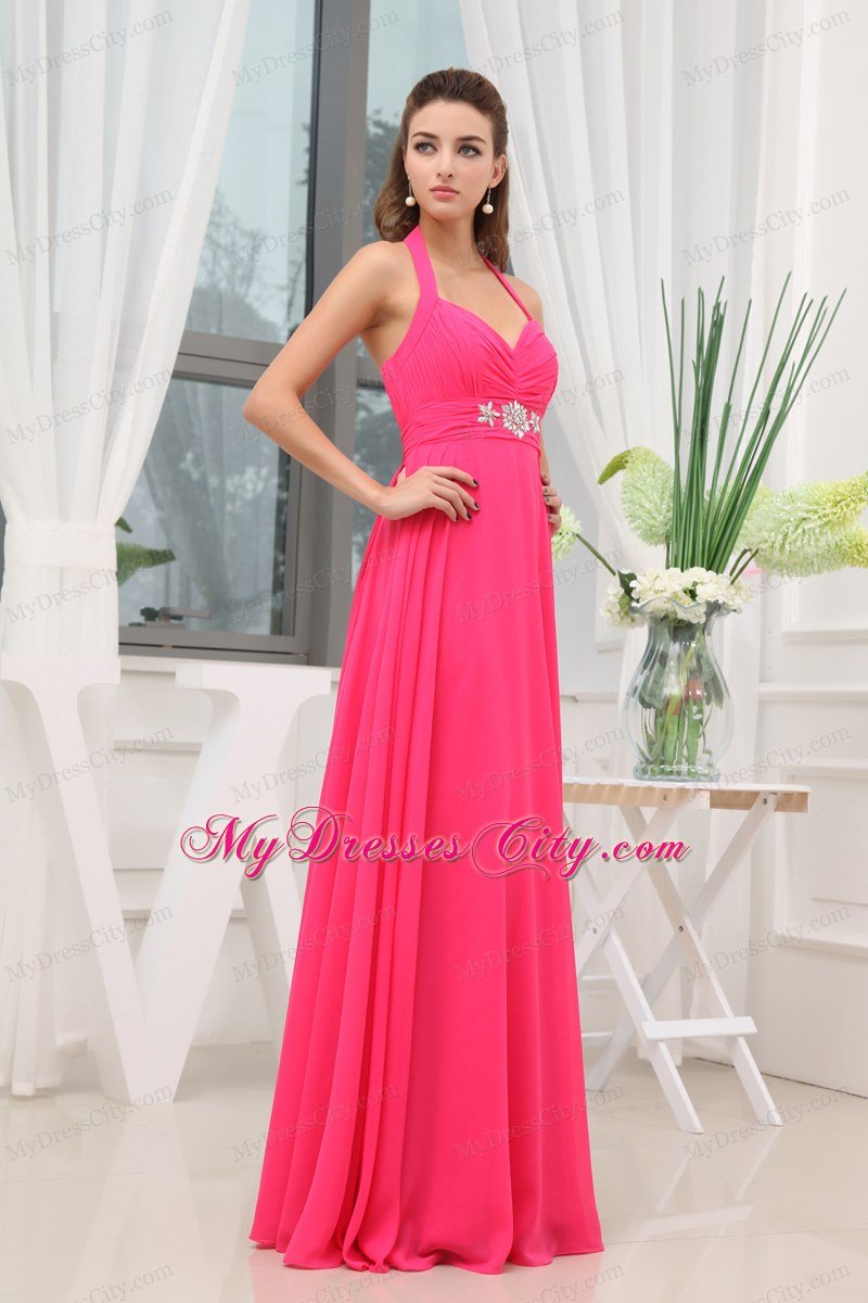 Chiffon Halter Beading Ruching Hot Pink Long Prom Gowns 2013