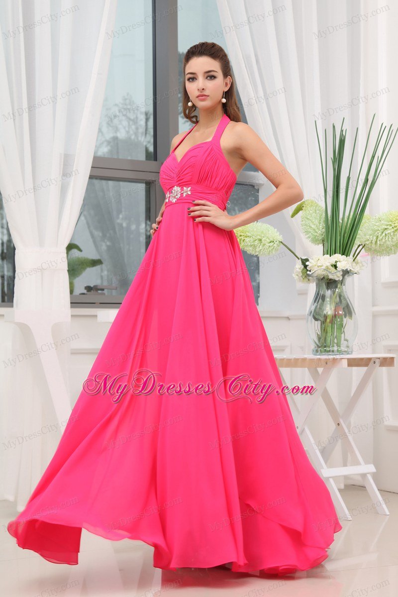 Chiffon Halter Beading Ruching Hot Pink Long Prom Gowns 2013