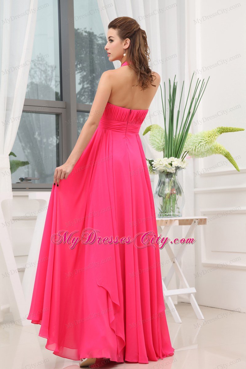 Chiffon Halter Beading Ruching Hot Pink Long Prom Gowns 2013