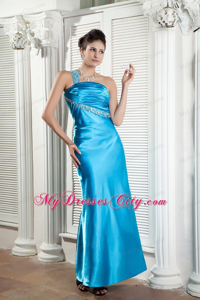 Column One Shoulder Beaded Ruches Ankle-length Teal Prom Dress