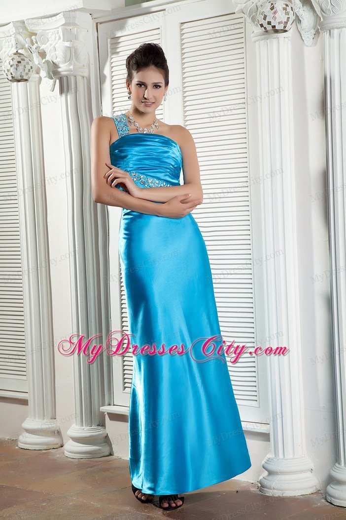 Column One Shoulder Beaded Ruches Ankle-length Teal Prom Dress