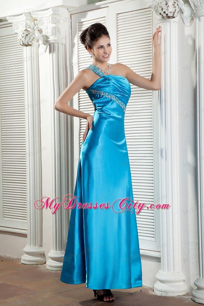 Column One Shoulder Beaded Ruches Ankle-length Teal Prom Dress