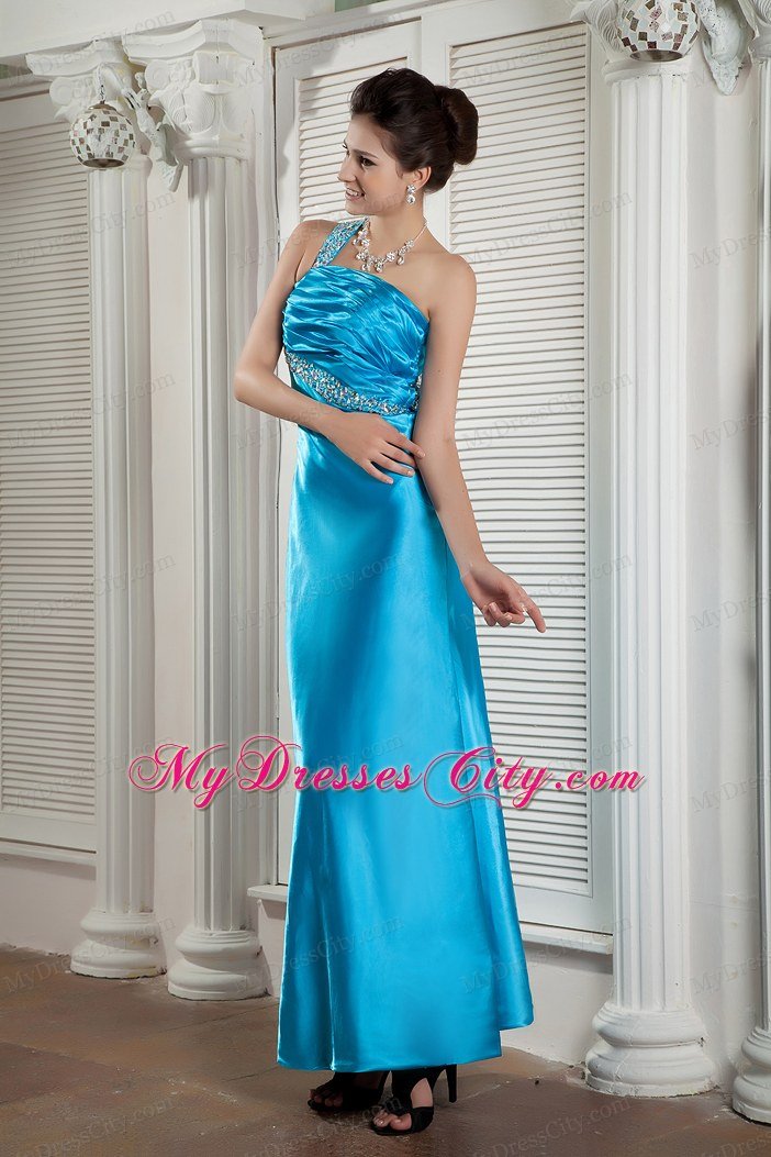 Column One Shoulder Beaded Ruches Ankle-length Teal Prom Dress