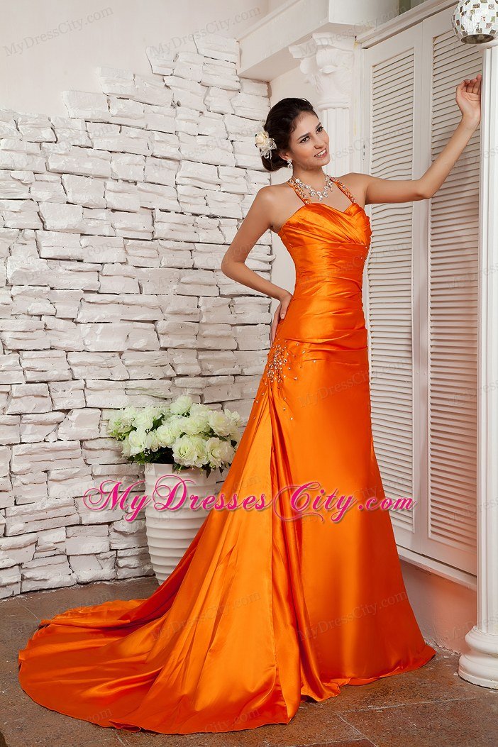 Brush Train Beading Straps Orange Red Prom Evening Dress with Criss Cross Back