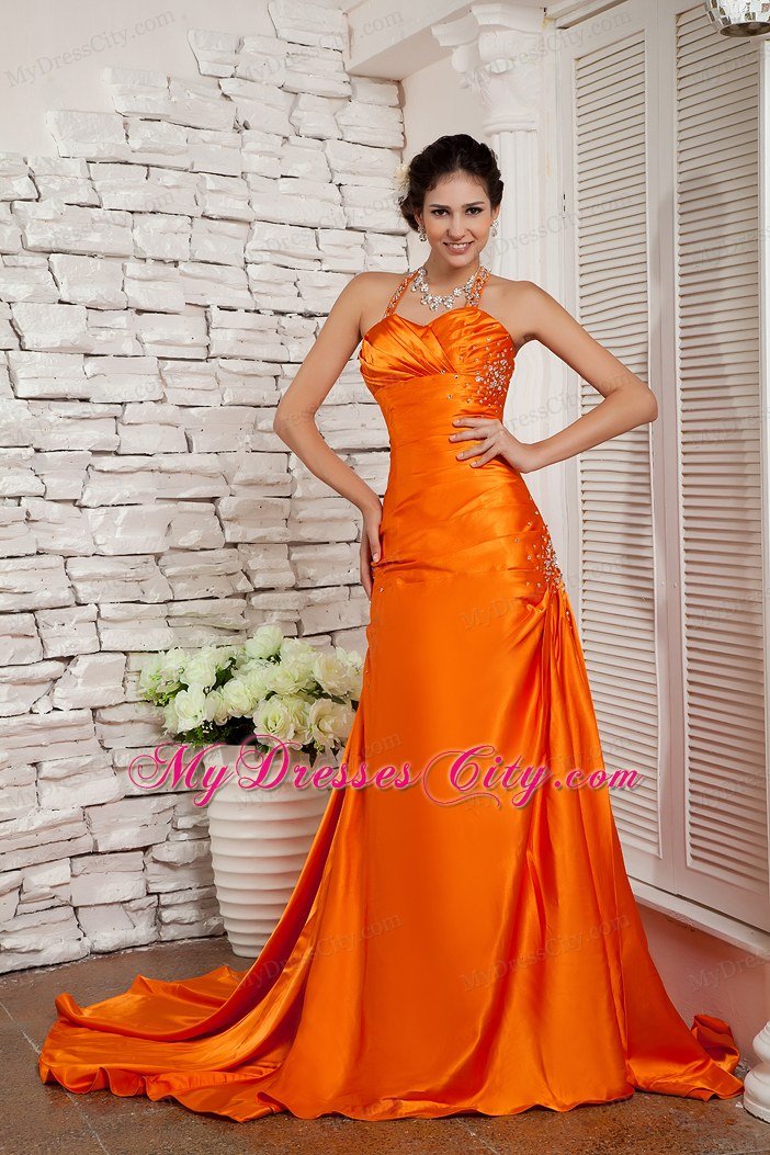 Brush Train Beading Straps Orange Red Prom Evening Dress with Criss Cross Back