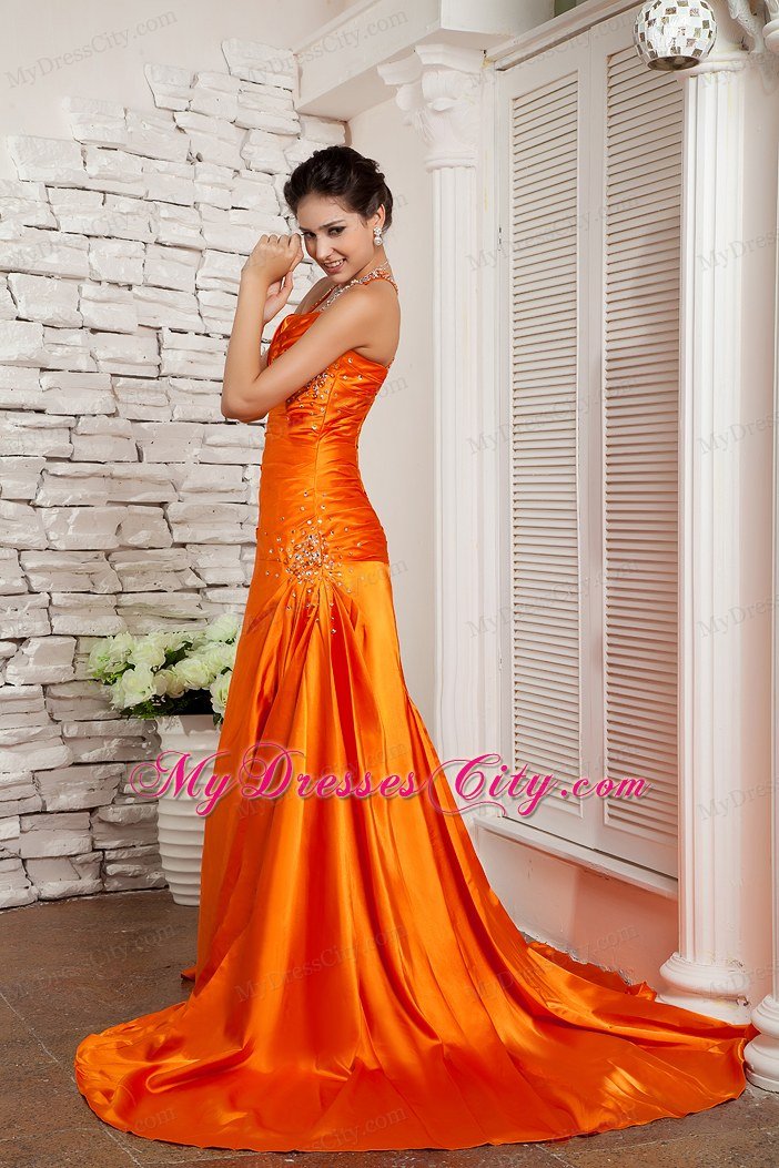 Brush Train Beading Straps Orange Red Prom Evening Dress with Criss Cross Back