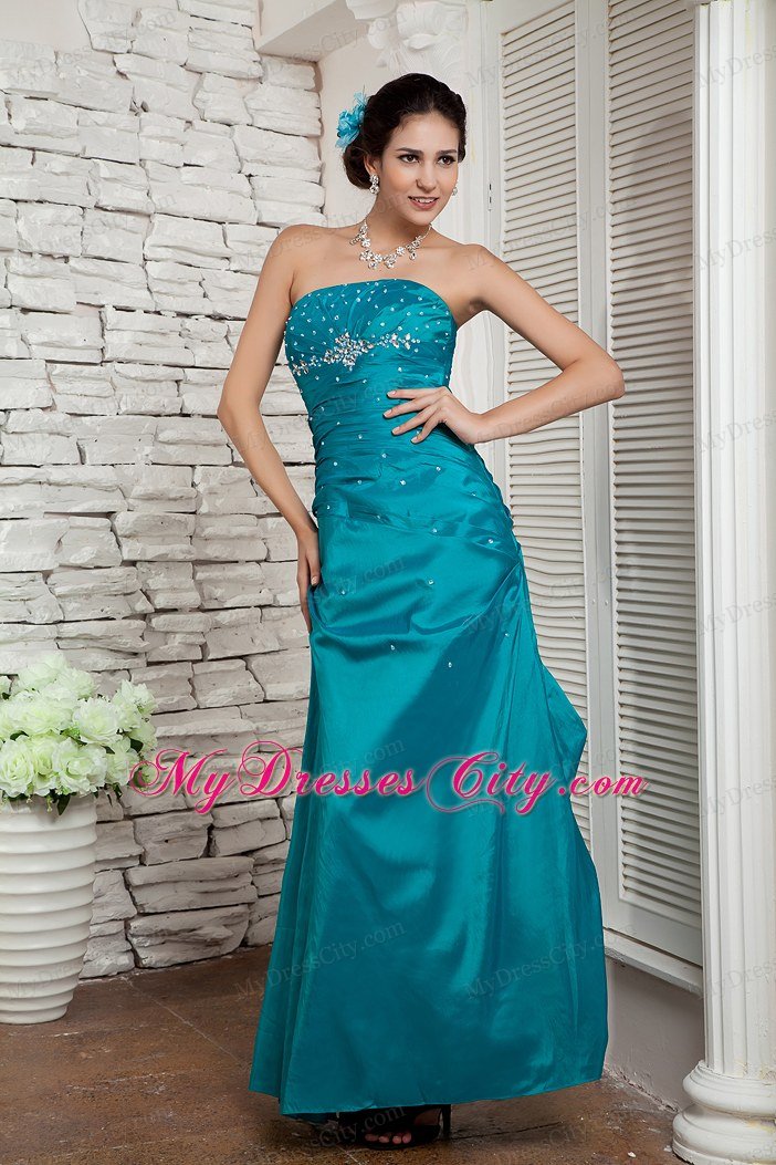 Custom Size Taffeta Beading Strapless Ankle-length Teal Prom Gown