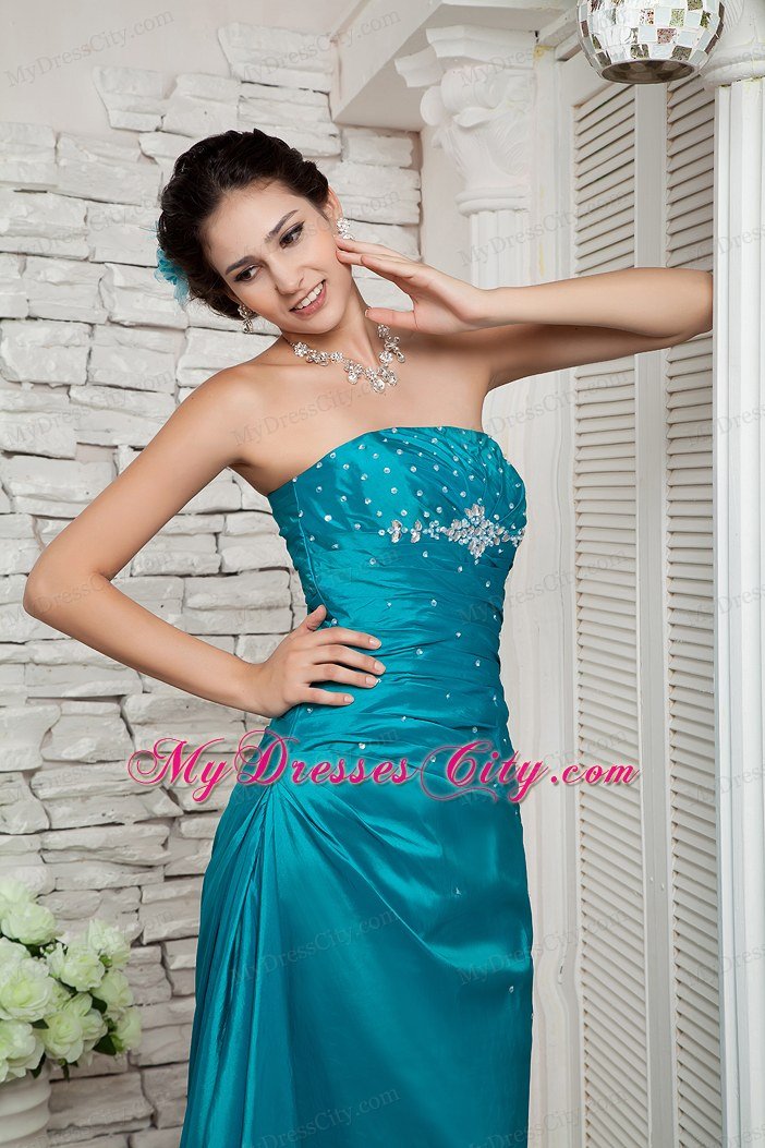 Custom Size Taffeta Beading Strapless Ankle-length Teal Prom Gown