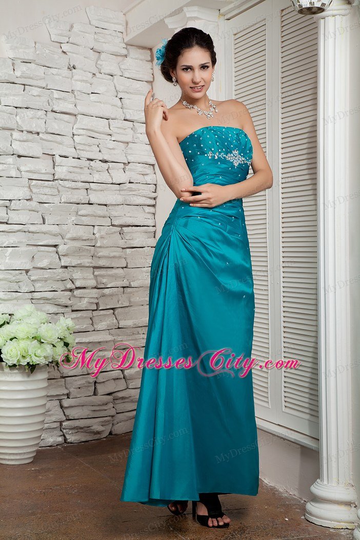 Custom Size Taffeta Beading Strapless Ankle-length Teal Prom Gown