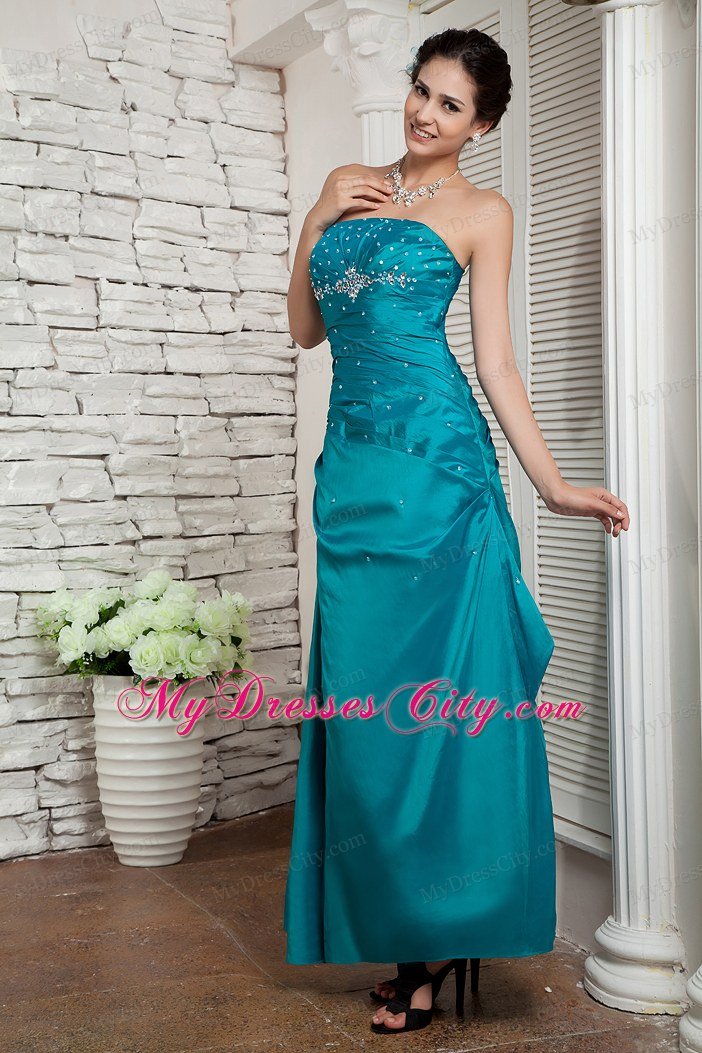 Custom Size Taffeta Beading Strapless Ankle-length Teal Prom Gown