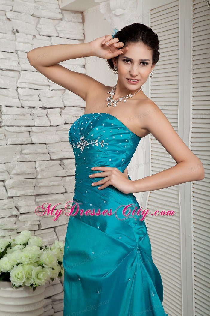 Custom Size Taffeta Beading Strapless Ankle-length Teal Prom Gown