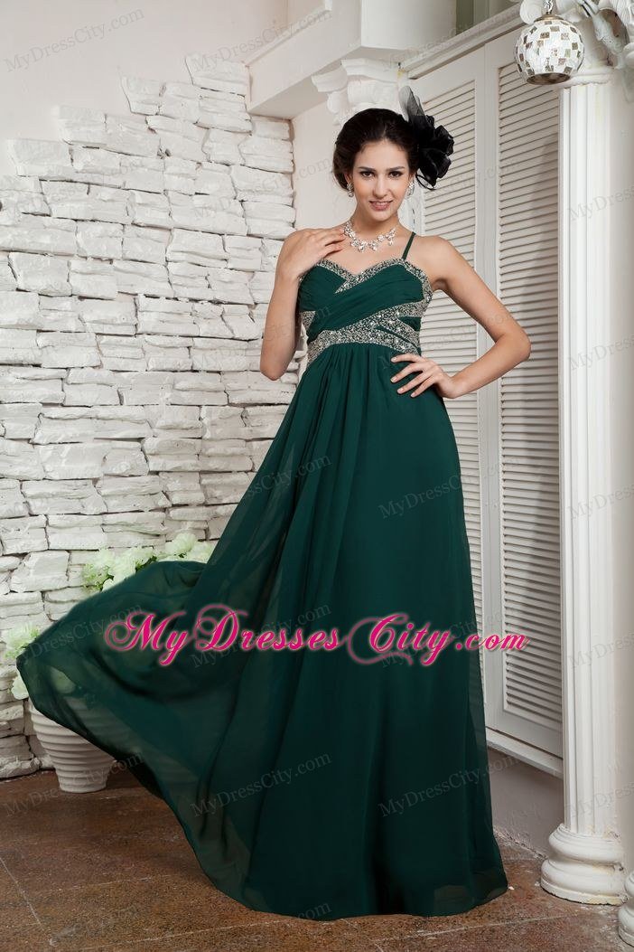 Empire Spaghetti Straps Chiffon Dark Green Prom Dress with Beading