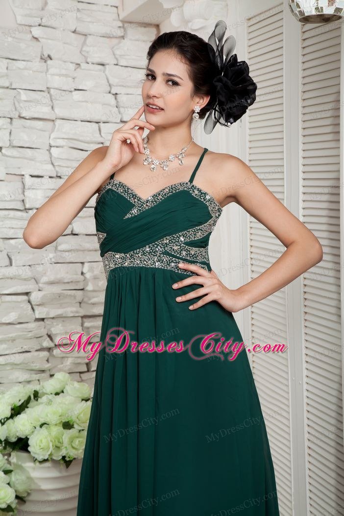 Empire Spaghetti Straps Chiffon Dark Green Prom Dress with Beading