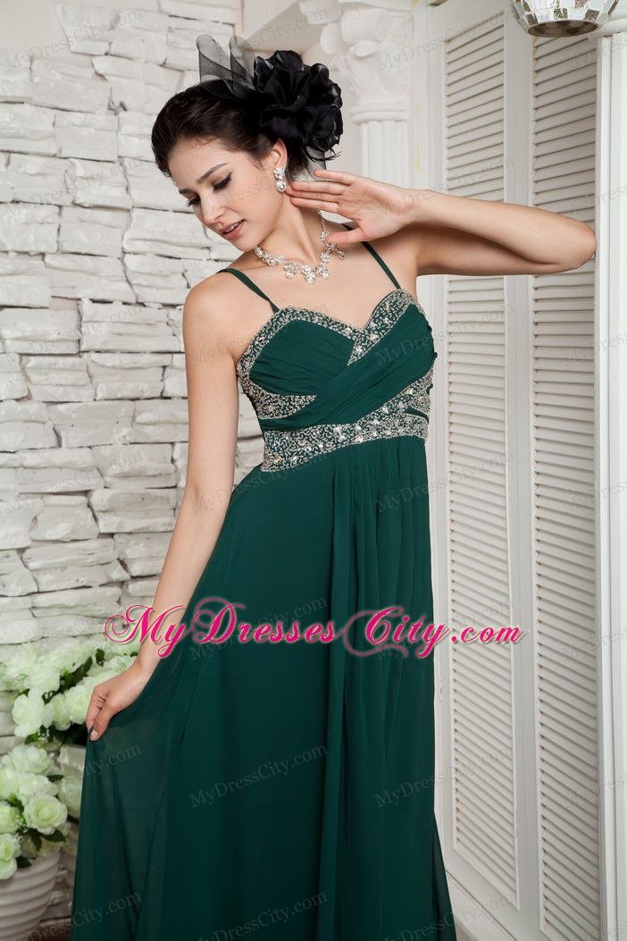 Empire Spaghetti Straps Chiffon Dark Green Prom Dress with Beading