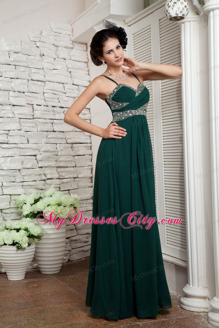 Empire Spaghetti Straps Chiffon Dark Green Prom Dress with Beading