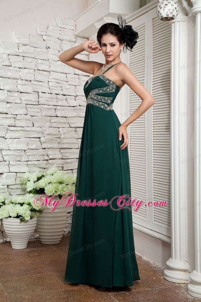 Empire Spaghetti Straps Chiffon Dark Green Prom Dress with Beading