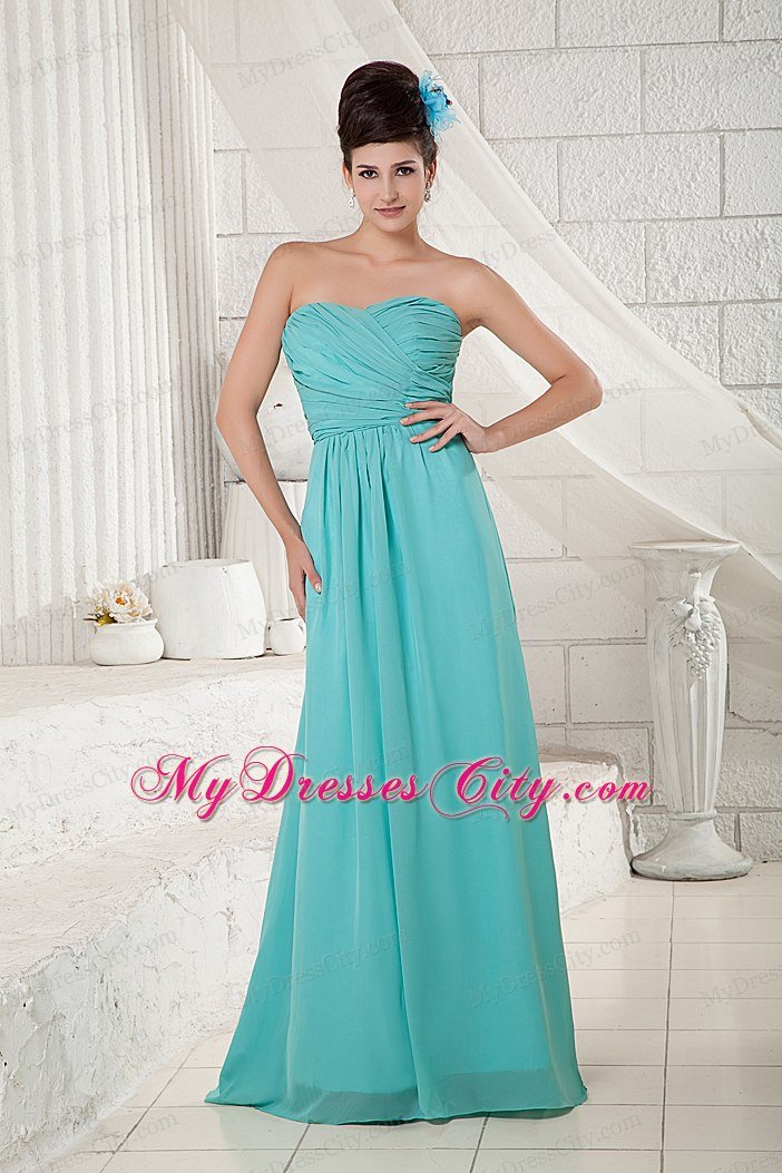 Brush Train Ruches Chiffon Turquoise Prom Dress with Side Zipper