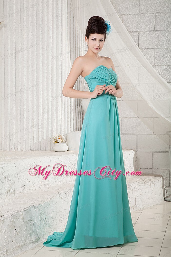 Brush Train Ruches Chiffon Turquoise Prom Dress with Side Zipper