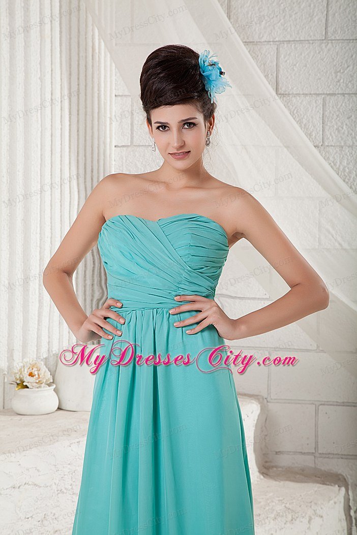 Brush Train Ruches Chiffon Turquoise Prom Dress with Side Zipper