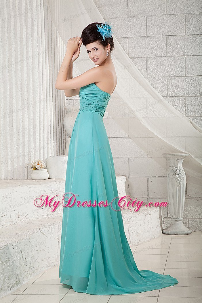 Brush Train Ruches Chiffon Turquoise Prom Dress with Side Zipper