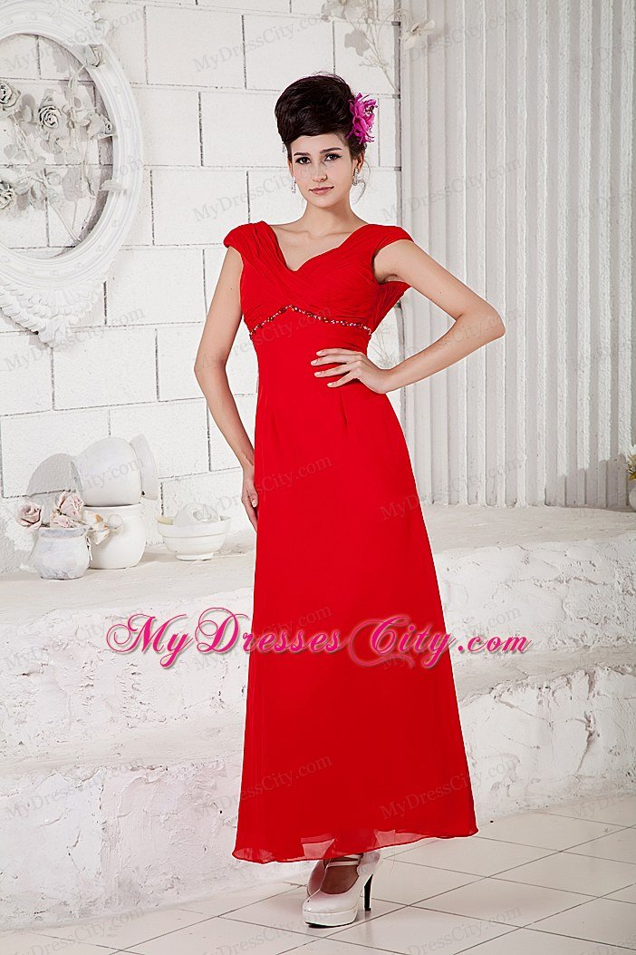 Ankle-length Chiffon Beading Red Prom Dresses with V-neck