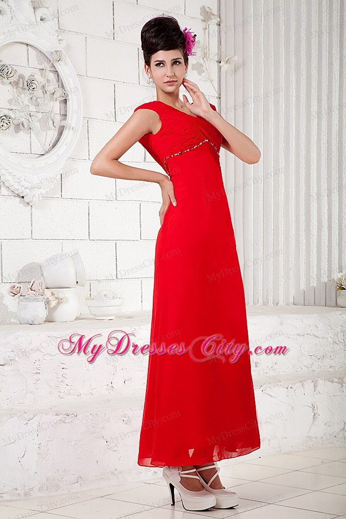 Ankle-length Chiffon Beading Red Prom Dresses with V-neck