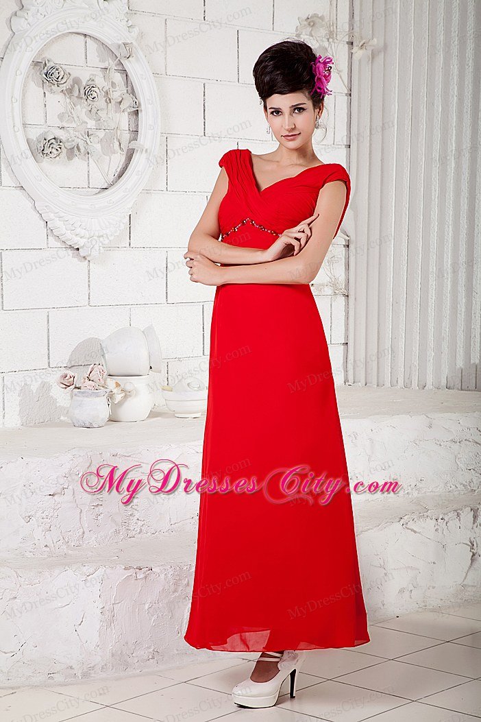 Ankle-length Chiffon Beading Red Prom Dresses with V-neck