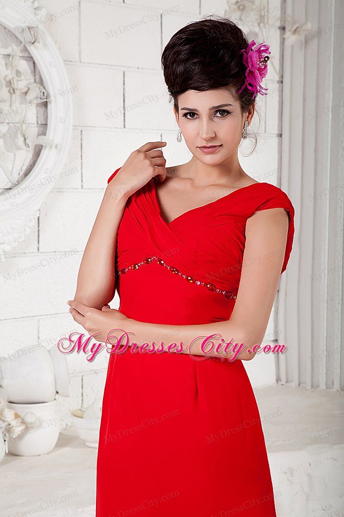 Ankle-length Chiffon Beading Red Prom Dresses with V-neck