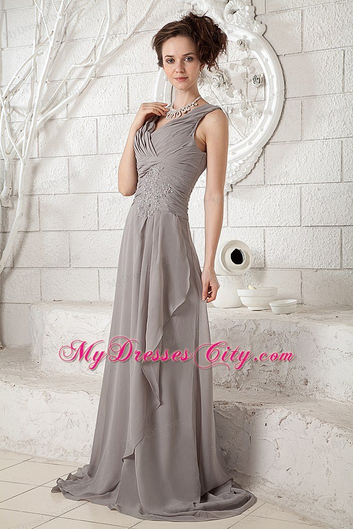 Customize Grey V-neck Ruched Prom Gown Dress with Brush Train