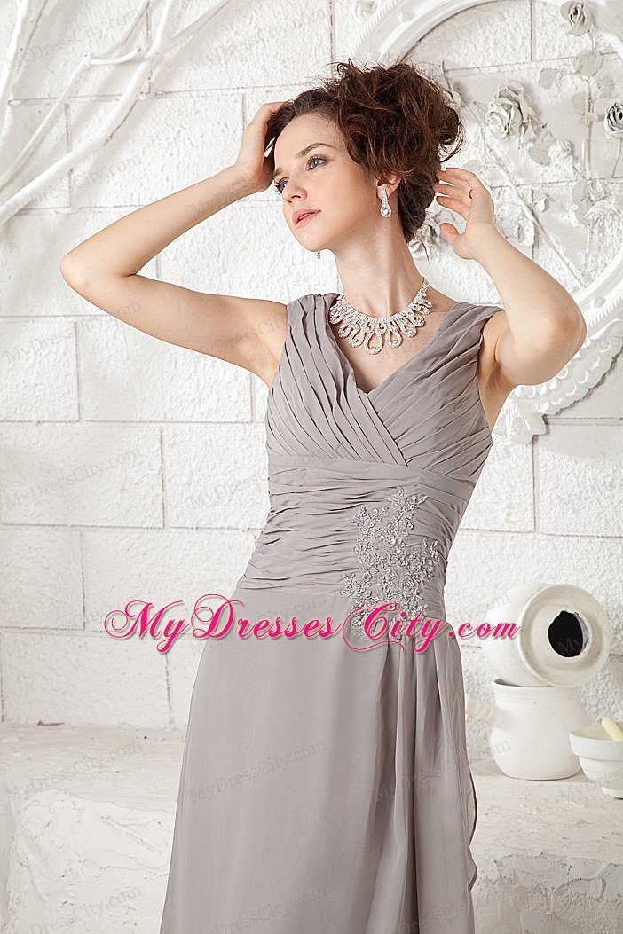 Customize Grey V-neck Ruched Prom Gown Dress with Brush Train