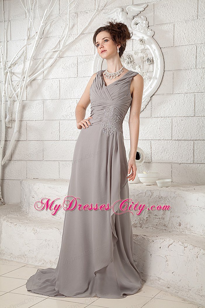 Customize Grey V-neck Ruched Prom Gown Dress with Brush Train