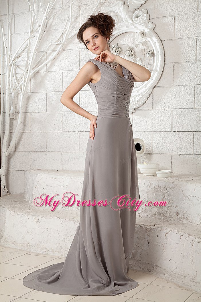 Customize Grey V-neck Ruched Prom Gown Dress with Brush Train