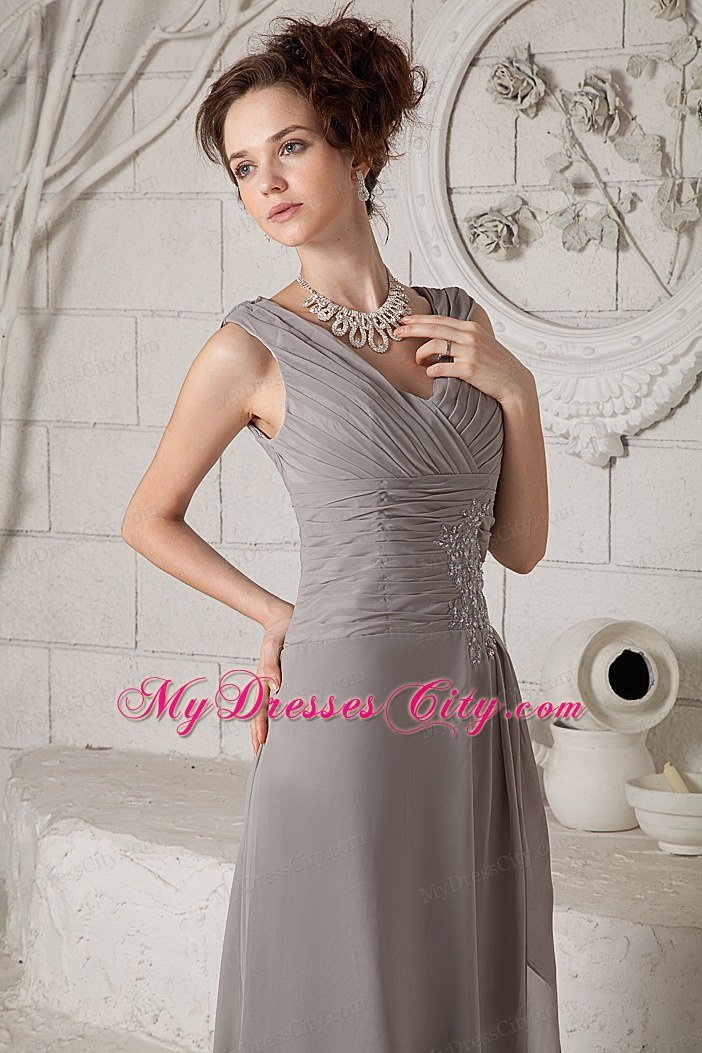 Customize Grey V-neck Ruched Prom Gown Dress with Brush Train