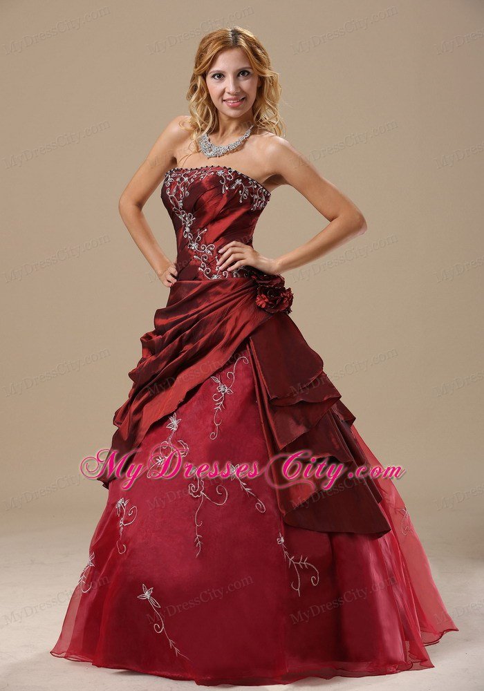 Recommend Strapless Embroidery Flowers Wine Red Quinceanera Dresses