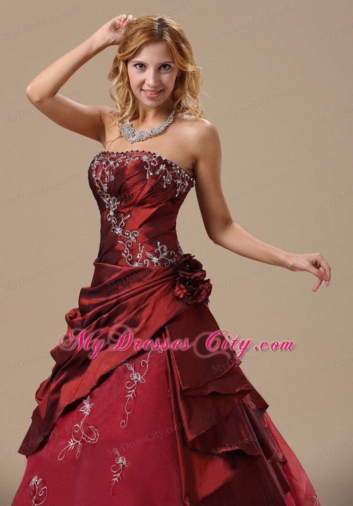 Recommend Strapless Embroidery Flowers Wine Red Quinceanera Dresses