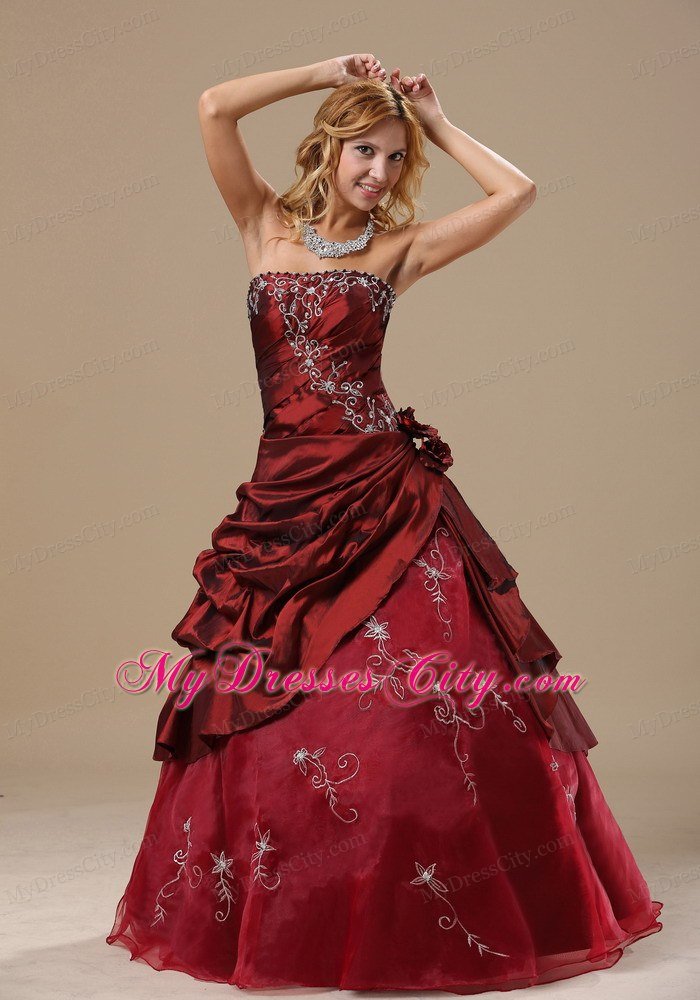 Recommend Strapless Embroidery Flowers Wine Red Quinceanera Dresses