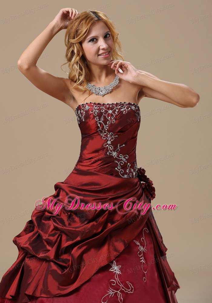 Recommend Strapless Embroidery Flowers Wine Red Quinceanera Dresses