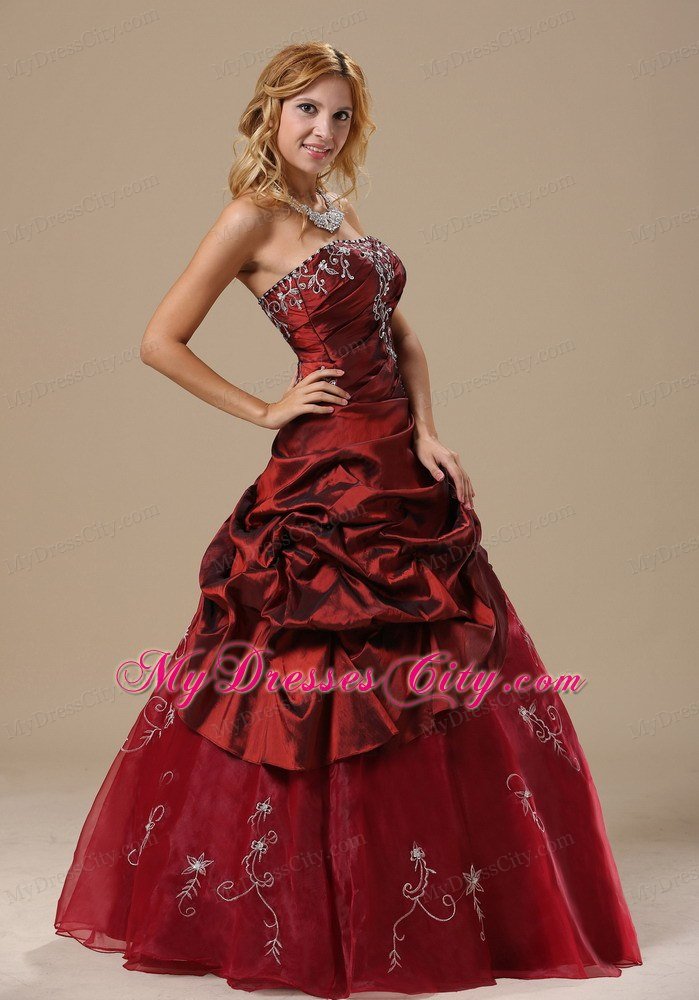 Recommend Strapless Embroidery Flowers Wine Red Quinceanera Dresses