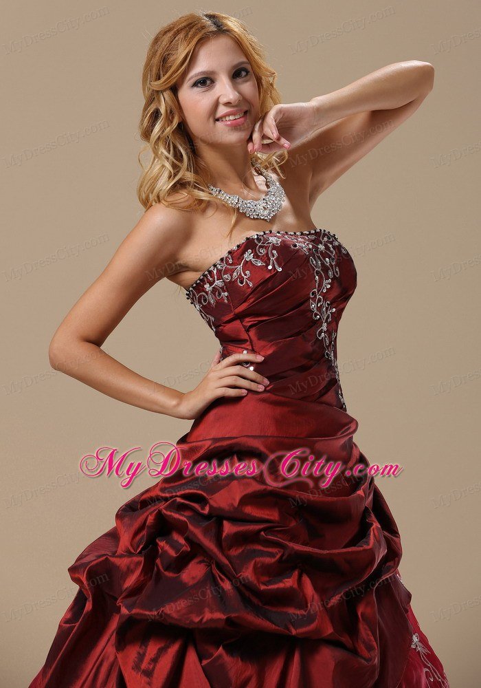 Recommend Strapless Embroidery Flowers Wine Red Quinceanera Dresses