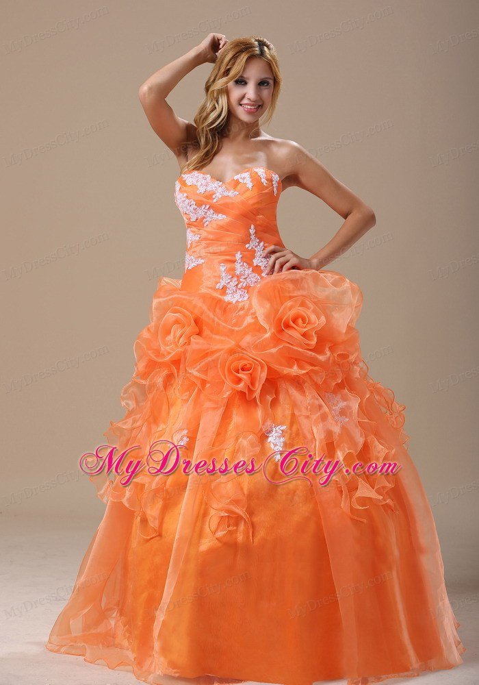 Organza Flowers Appliques Sweetheart Orang Quinceanera Party Dresses