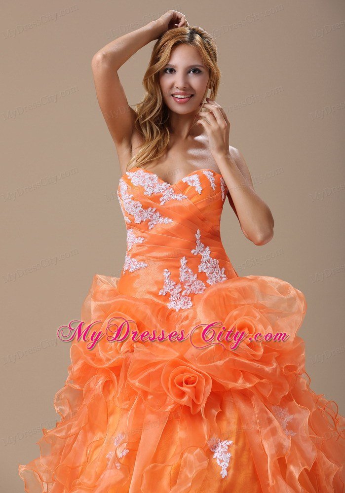 Organza Flowers Appliques Sweetheart Orang Quinceanera Party Dresses